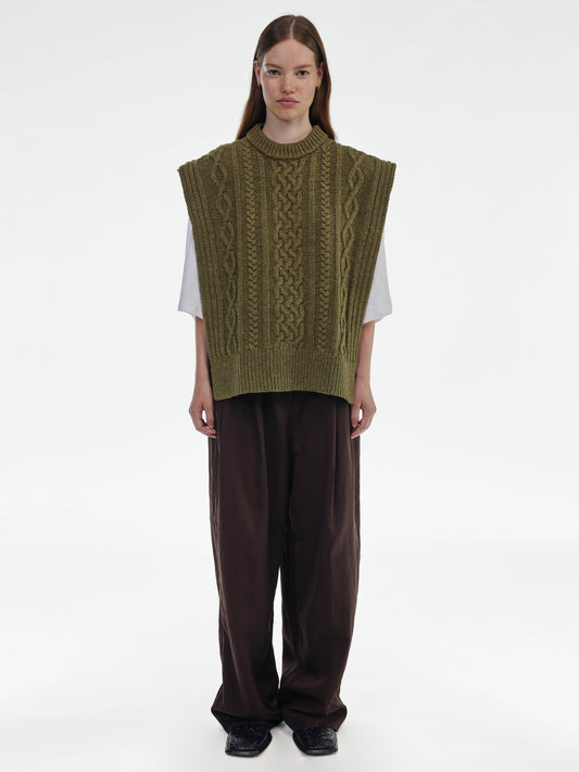 Aran Knit Wool Vest - Olive