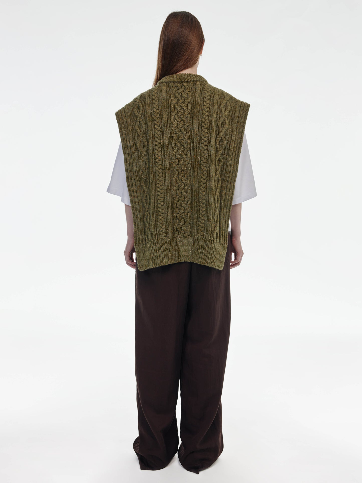 Aran Knit Wool Vest - Olive