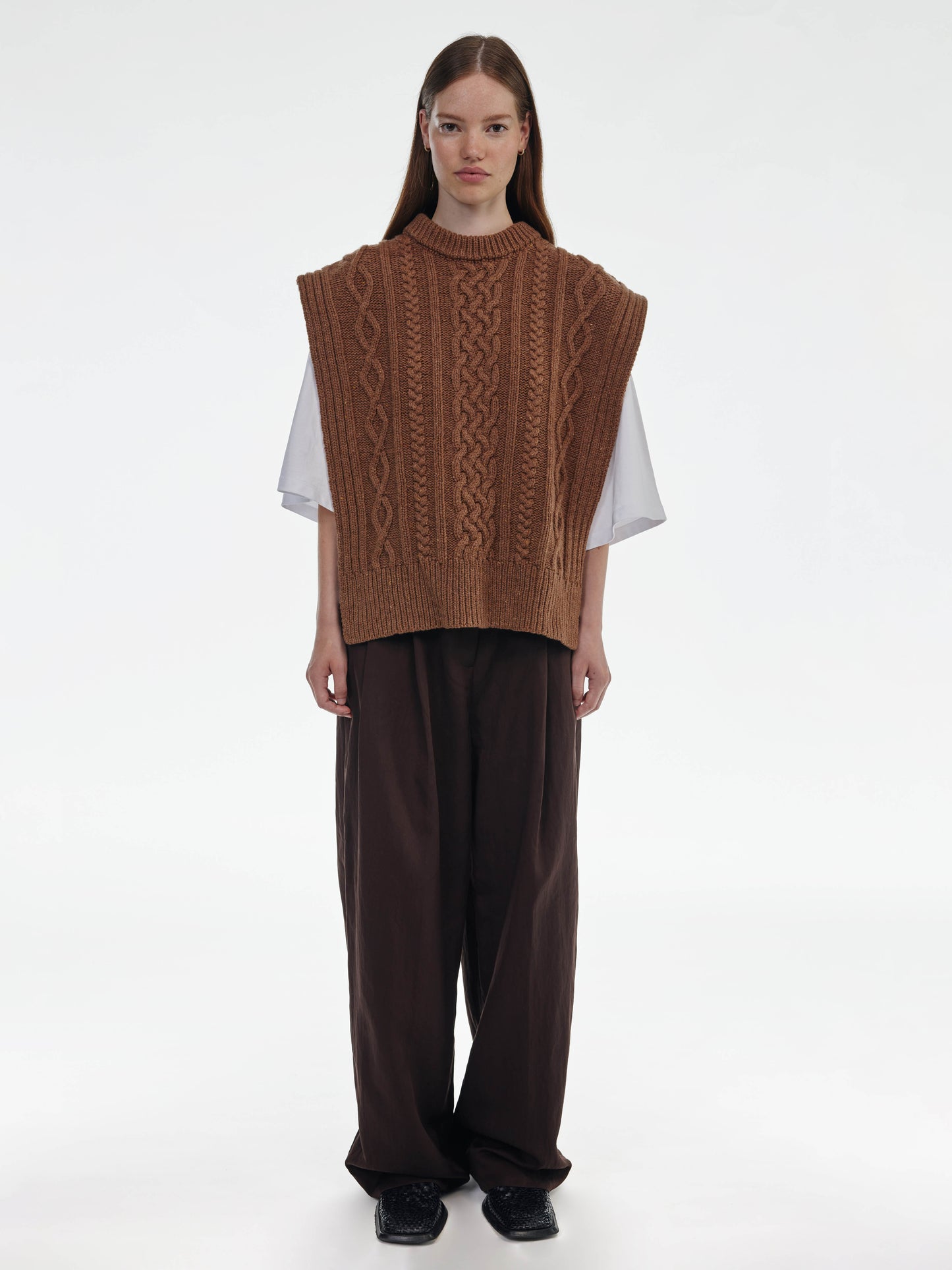 Aran Knit Wool Vest - Brown