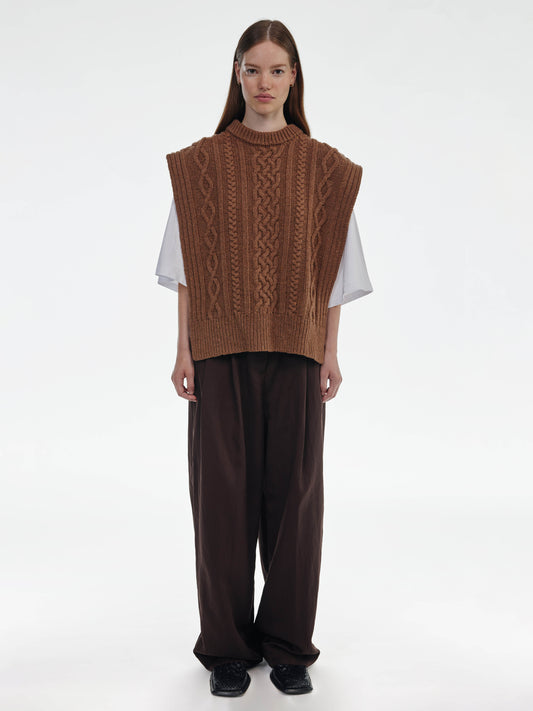 Aran Knit Wool Vest - Brown