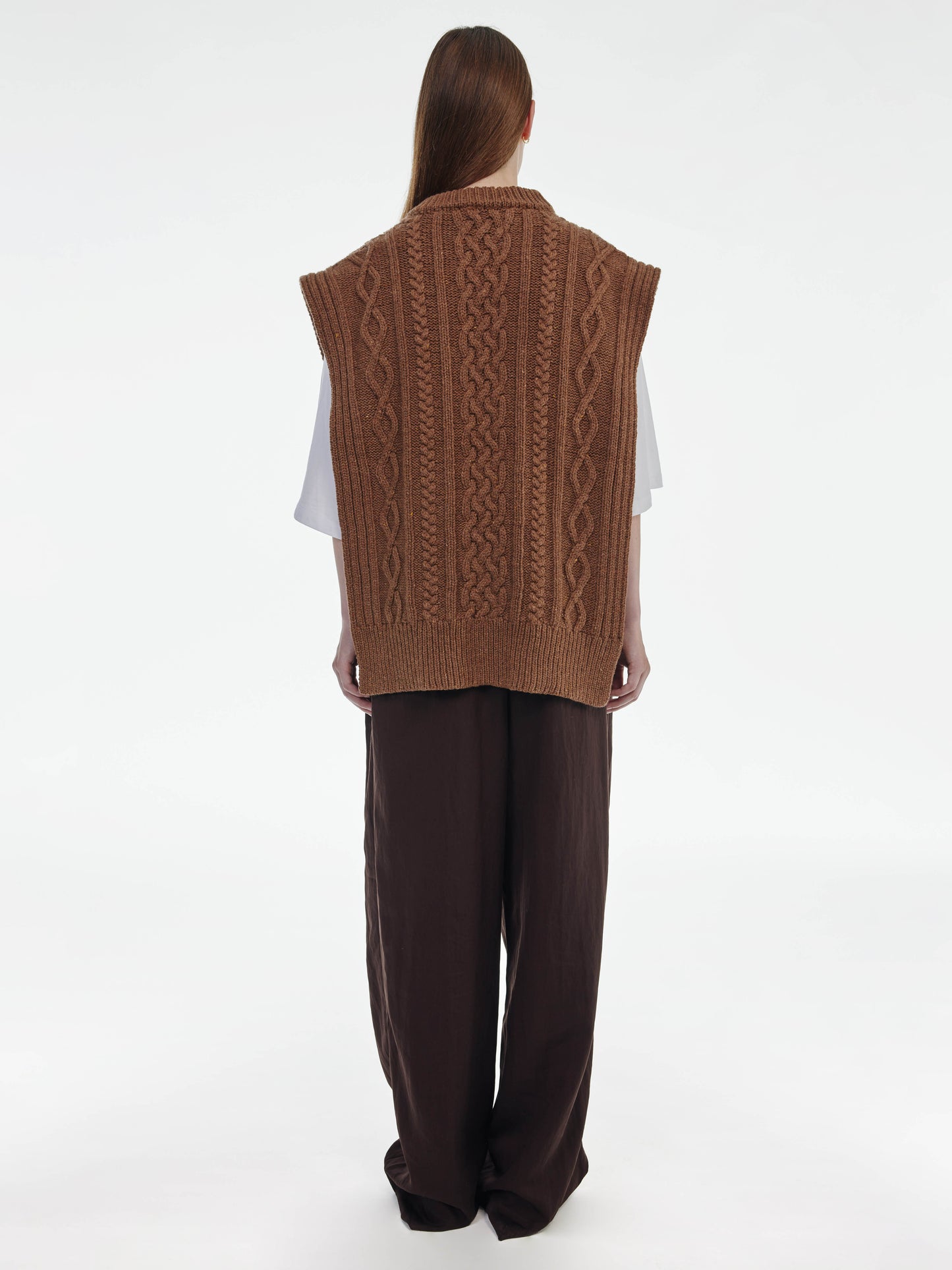 Aran Knit Wool Vest - Brown