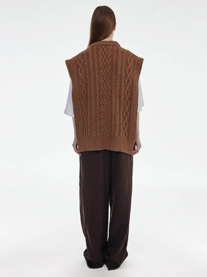 Aran Knit Wool Vest - Brown