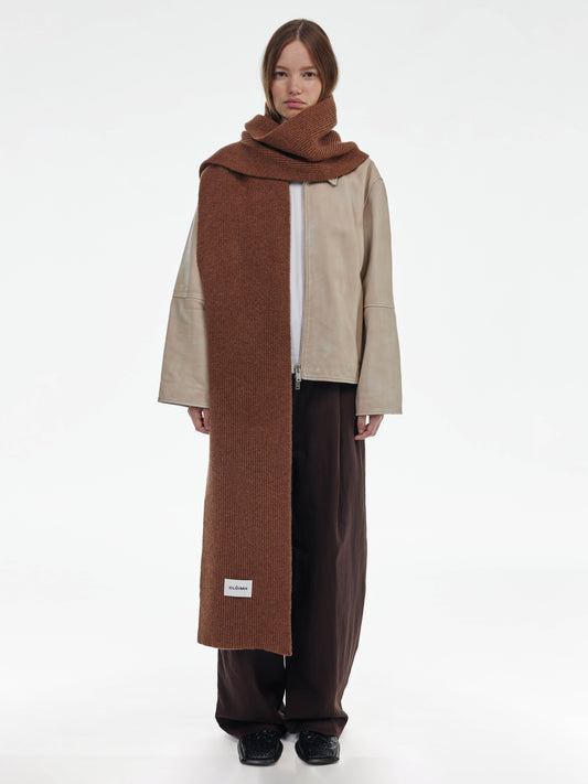 Long Soft Wool Scarf - Hazelnut/Burgundy