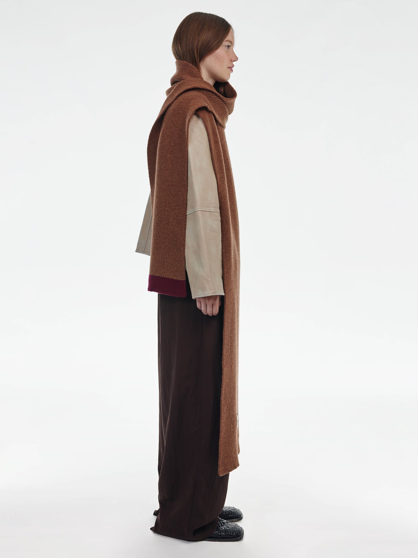 Long Soft Wool Scarf - Hazelnut/Burgundy