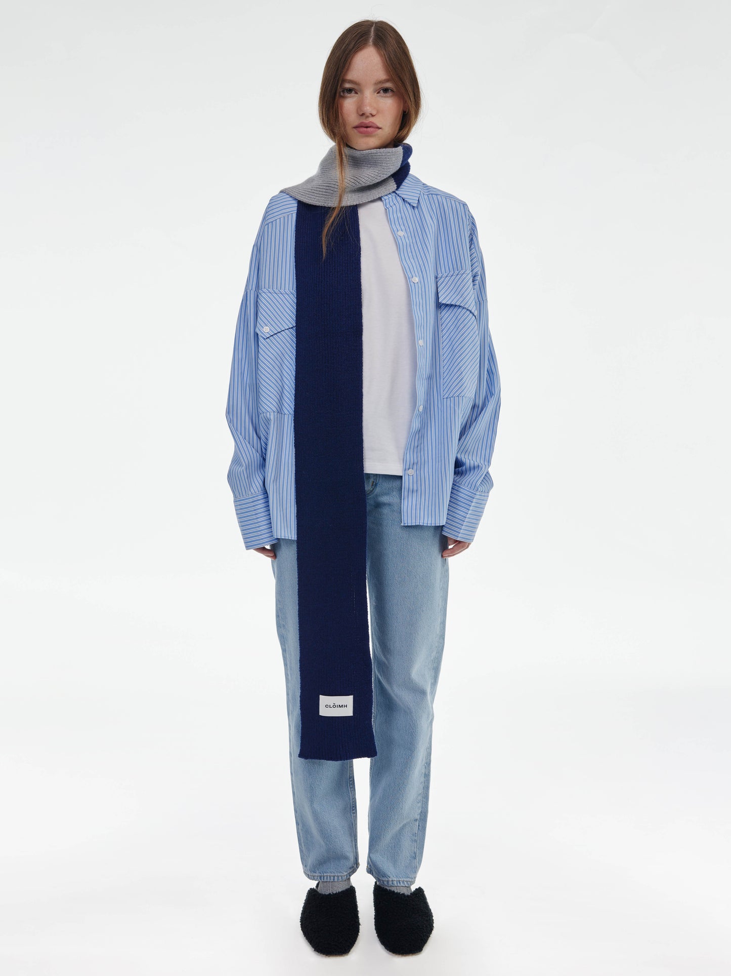 Blocked Soft Wool Scarf - Navy/Light Grey
