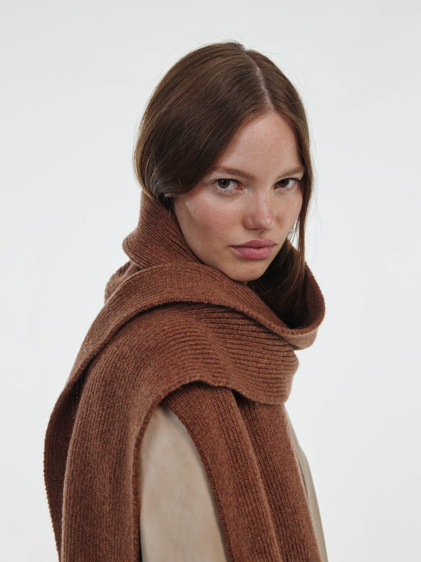 Long Soft Wool Scarf - Hazelnut/Burgundy