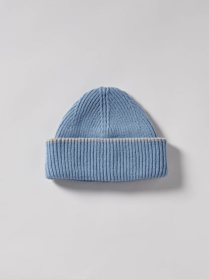 Chunky Soft Wool Beanie Hat - Soft Blue/Light Grey