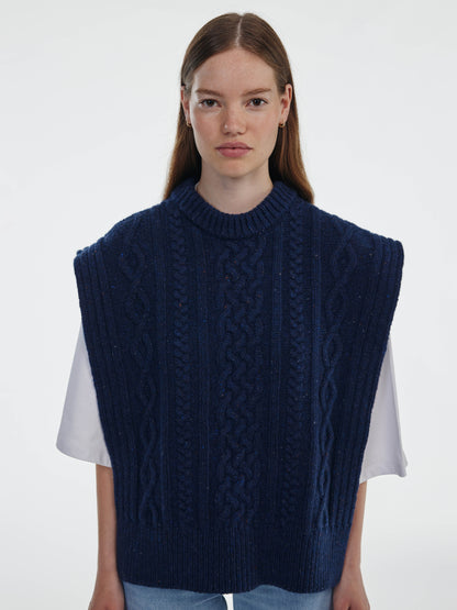 Aran Knit Wool Vest - Navy