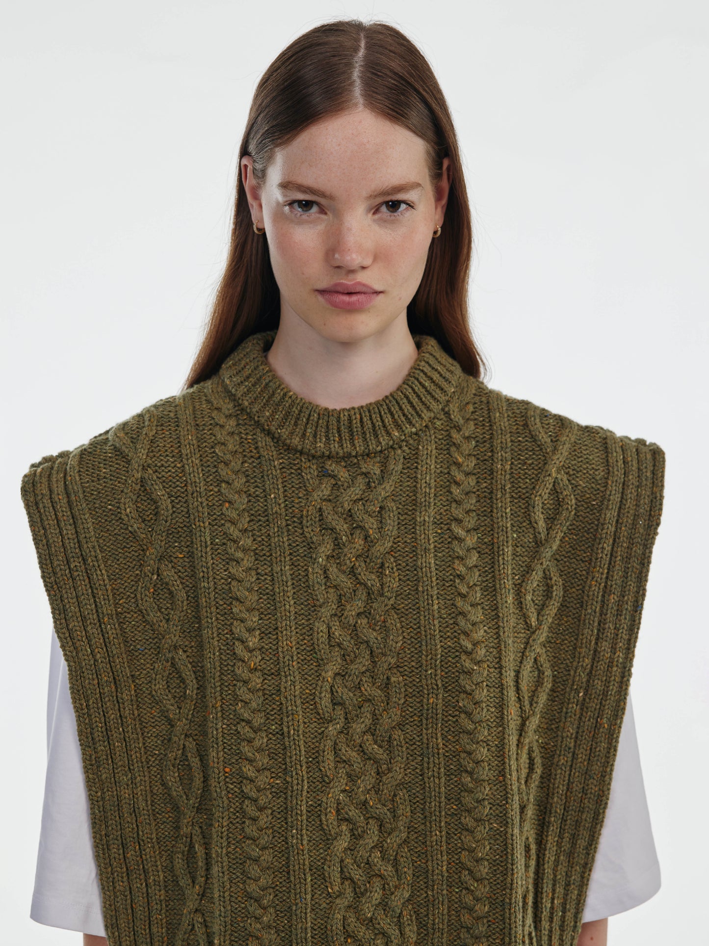 Aran Knit Wool Vest - Olive