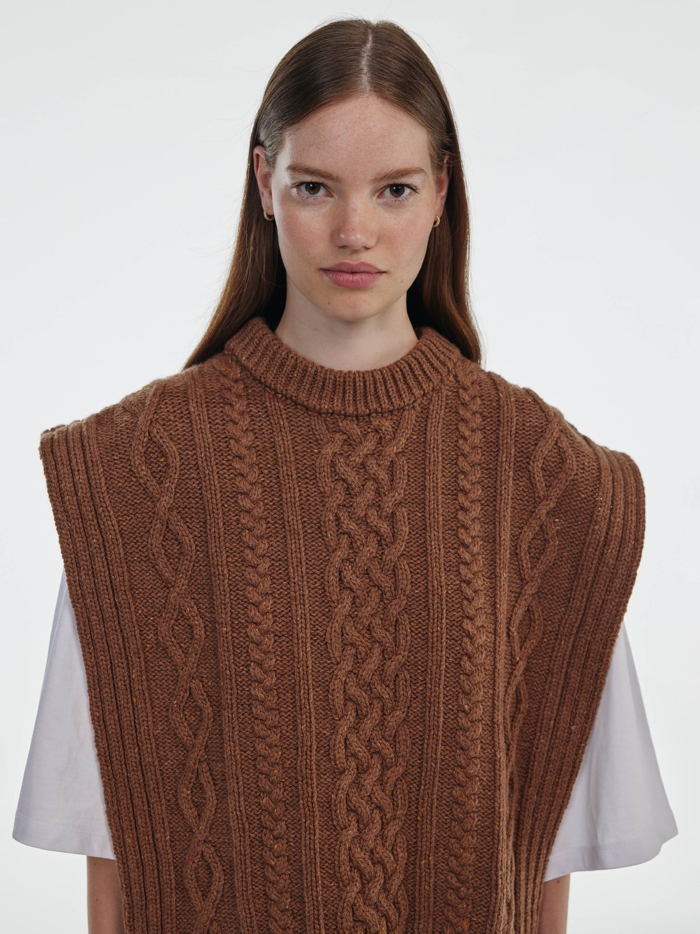 Aran Knit Wool Vest - Brown