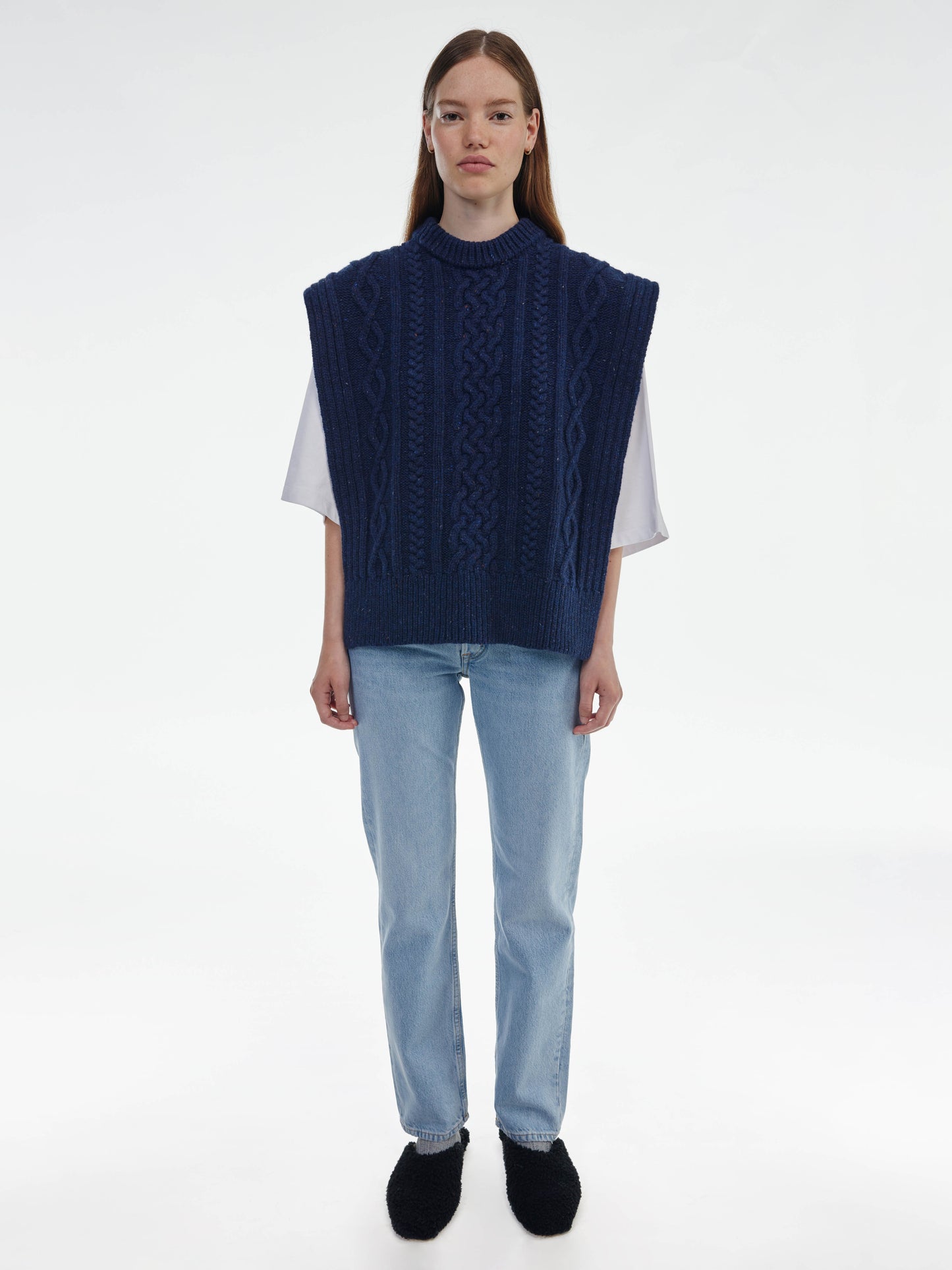 Aran Knit Wool Vest - Navy