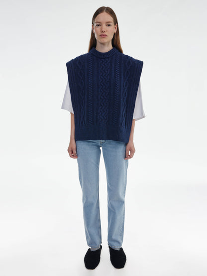 Aran Knit Wool Vest - Navy