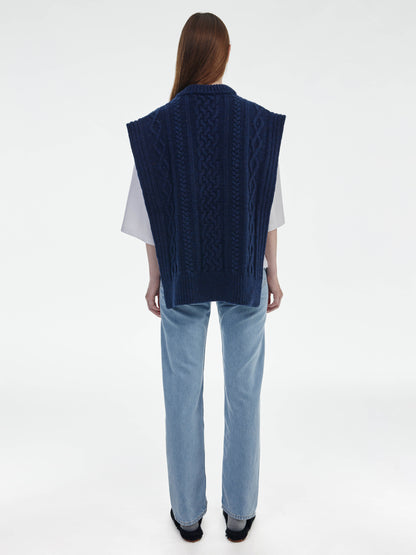 Aran Knit Wool Vest - Navy