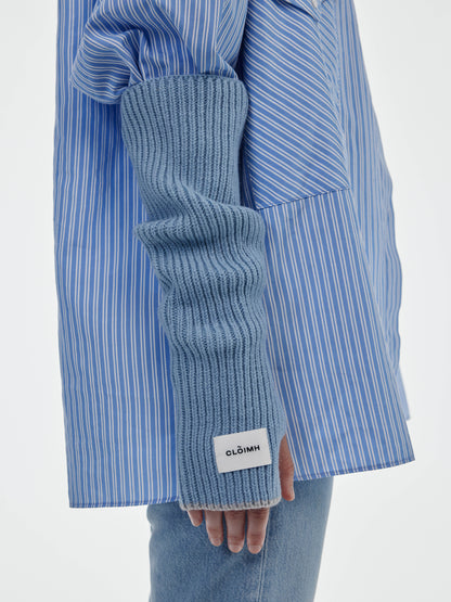 Soft Wool Fingerless Gloves - Soft Blue/Light Grey