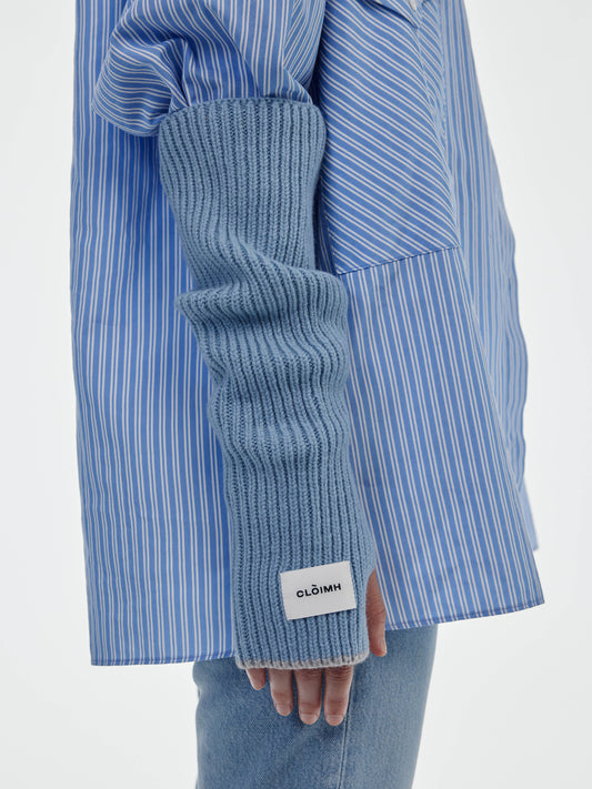 Soft Wool Fingerless Gloves - Soft Blue/Light Grey