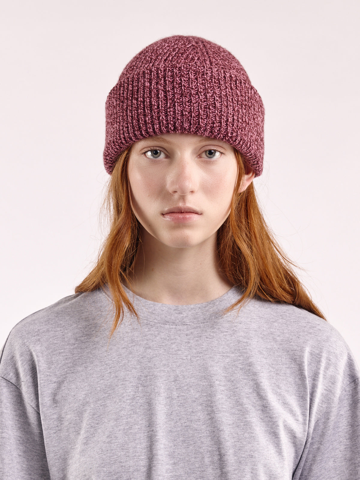 Soft Wool Chunky Beanie Hat - Burgundy/Pink Marl