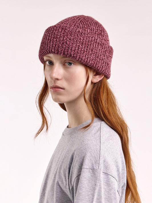 Soft Wool Chunky Beanie Hat - Burgundy/Pink Marl