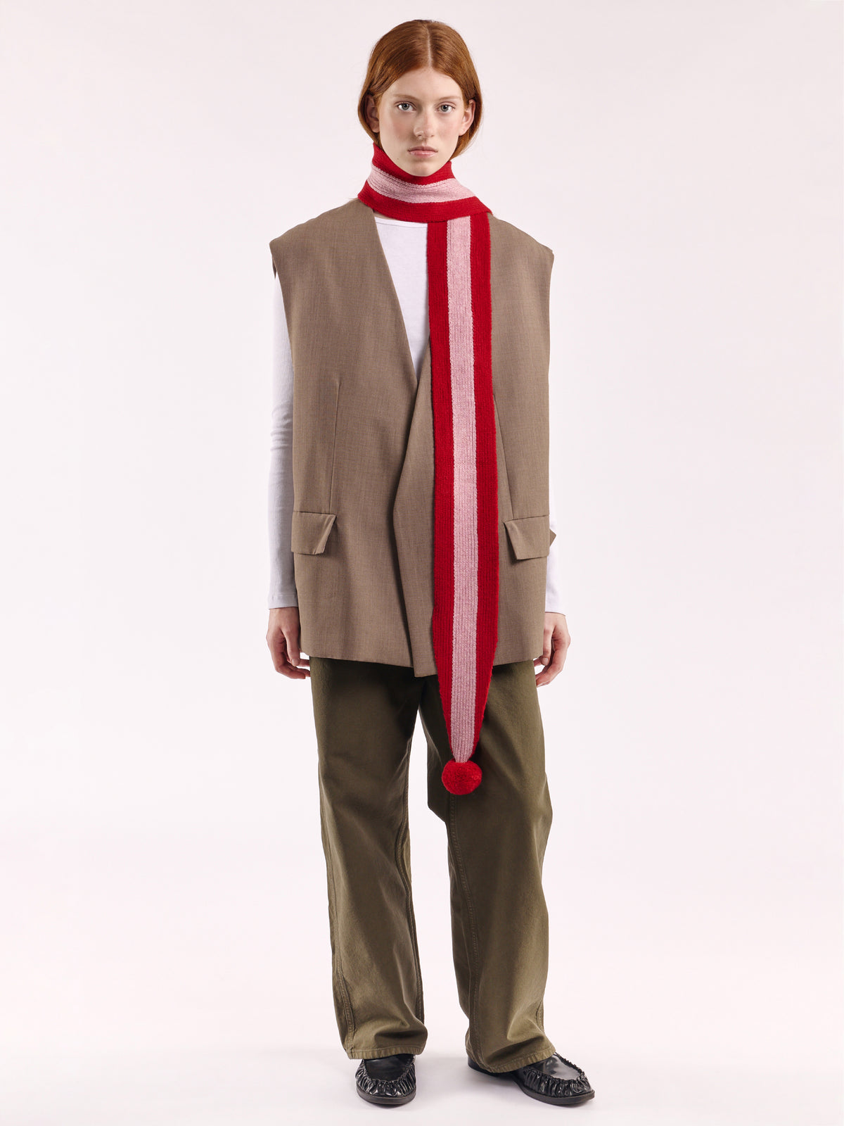 Striped Wool Pom Scarf - Red/Rose
