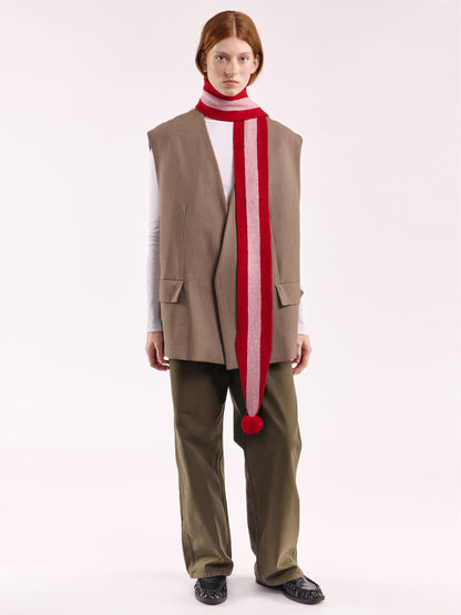 Striped Wool Pom Scarf - Red/Rose