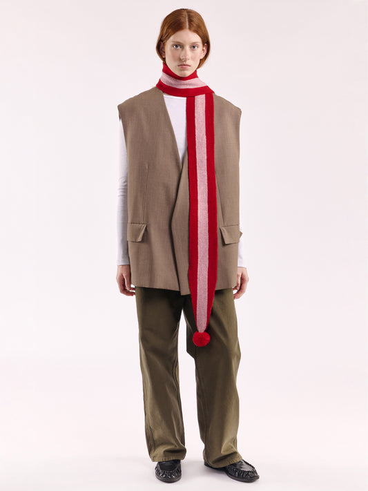 Striped Wool Pom Scarf - Red/Rose