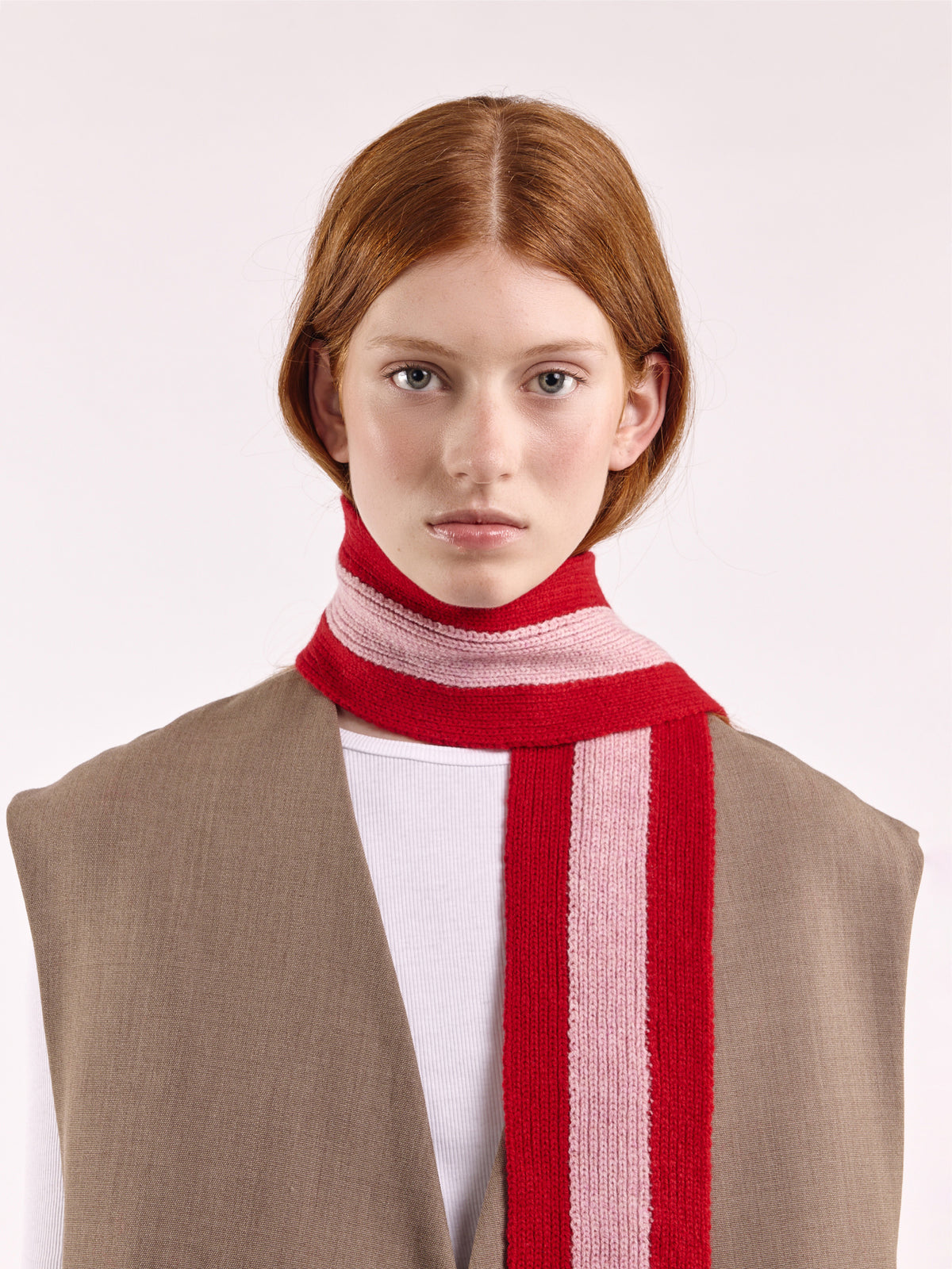 Striped Wool Pom Scarf - Red/Rose