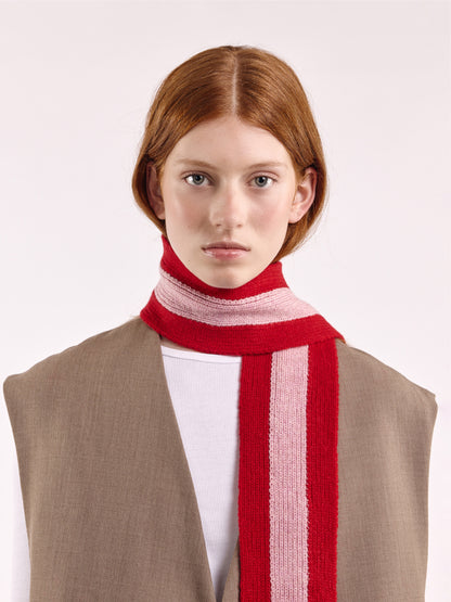Striped Wool Pom Scarf - Red/Rose