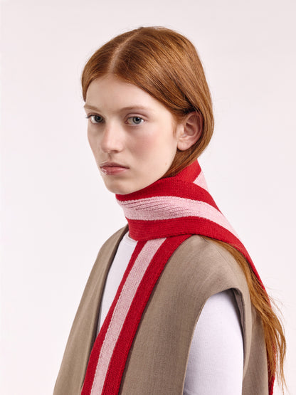 Striped Wool Pom Scarf - Red/Rose