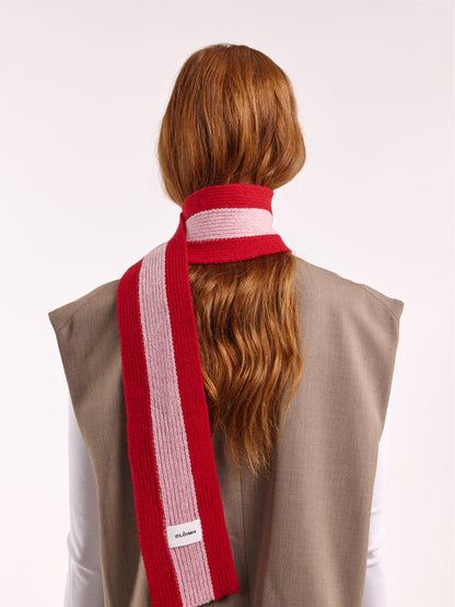 Striped Wool Pom Scarf - Red/Rose