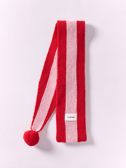 Striped Wool Pom Scarf - Red/Rose