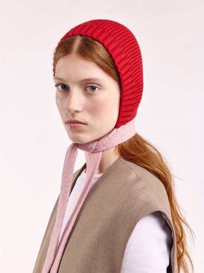 Wool Tied Hood - Red/Rose