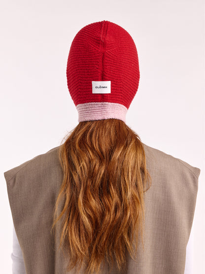 Wool Tied Hood - Red/Rose