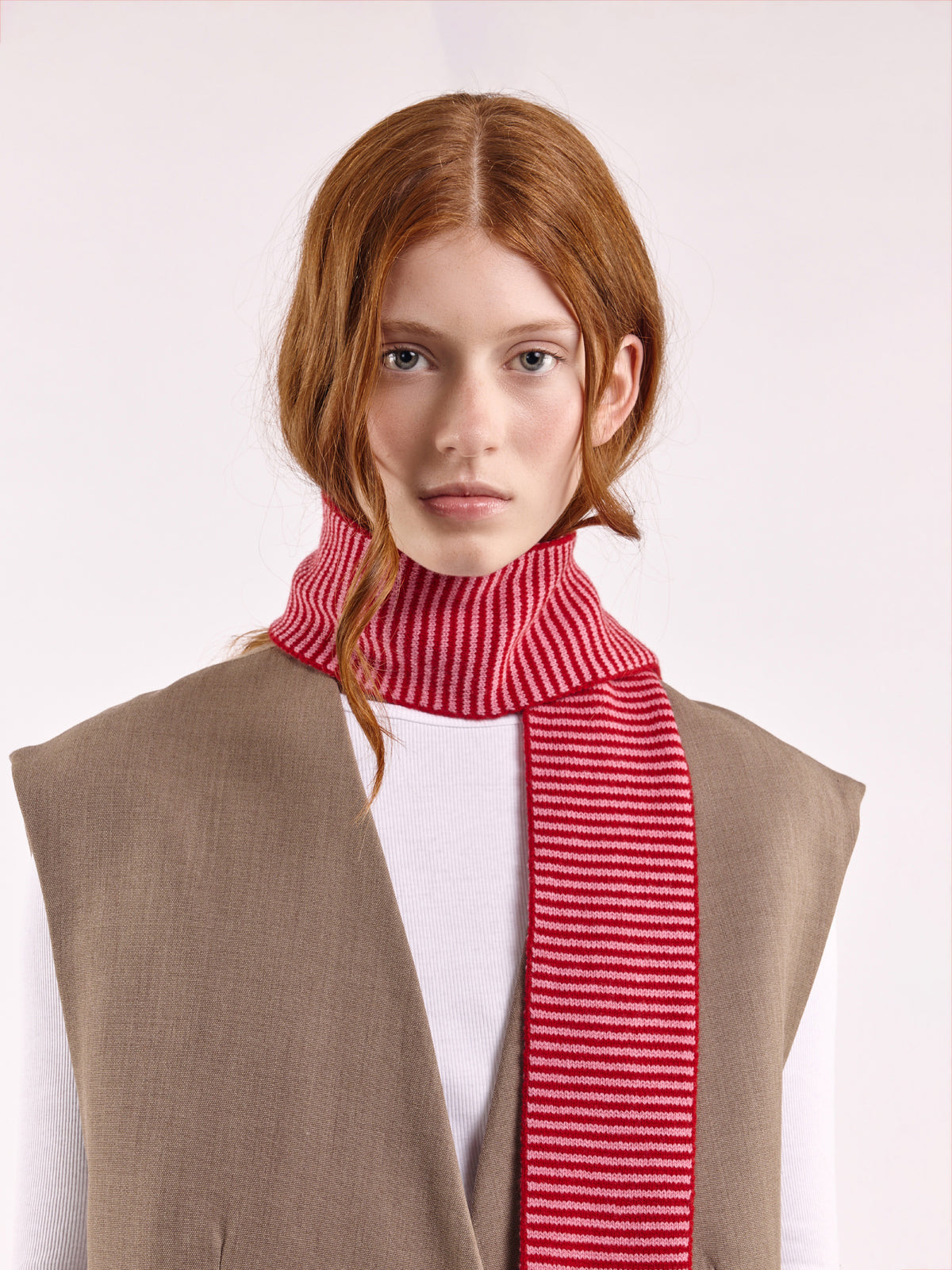 Striped Soft Wool Mini Scarf - Red/Rose