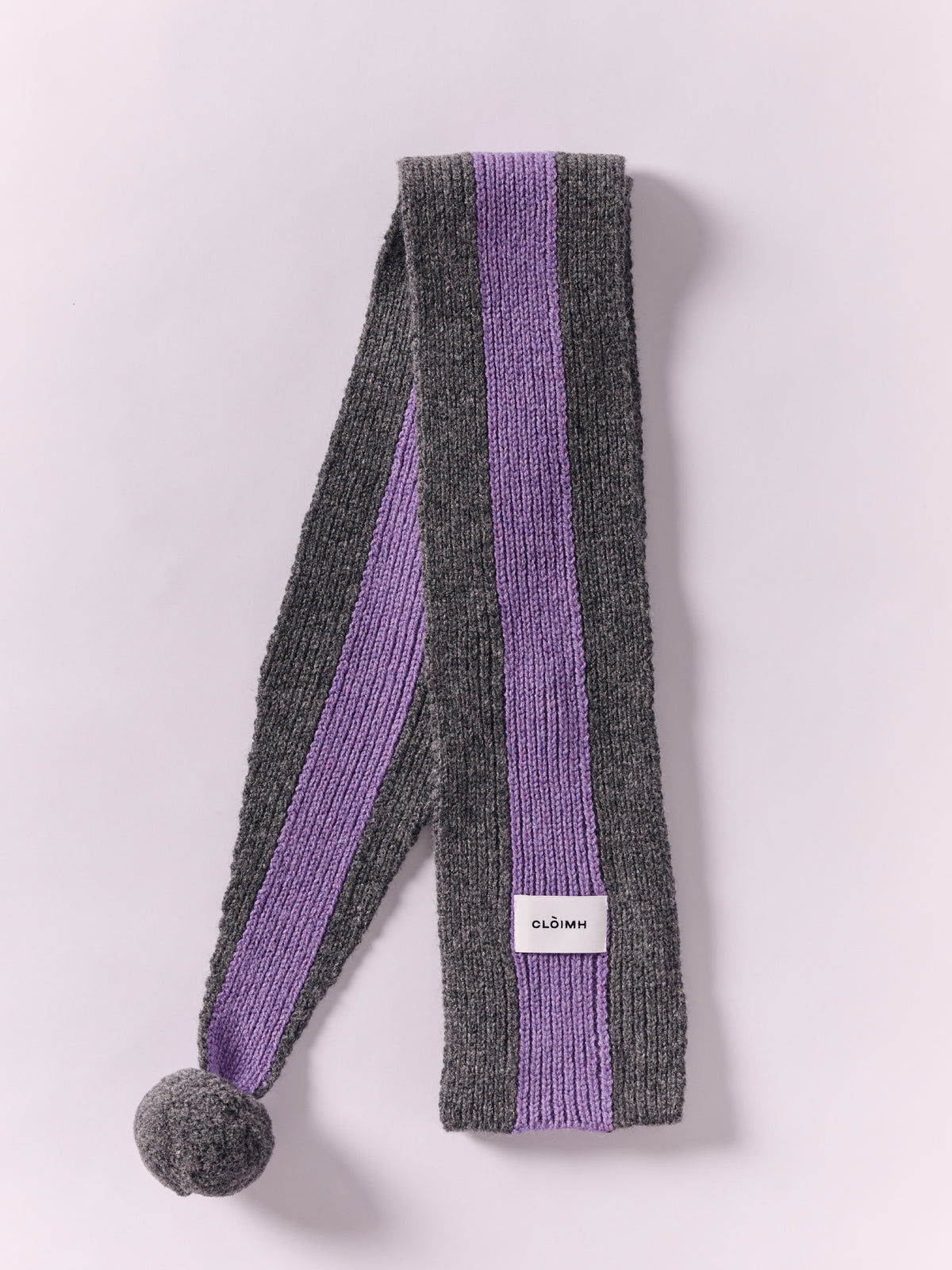 Striped Wool Pom Scarf - Grey Dark/Purple