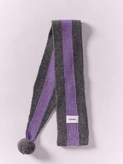 Striped Wool Pom Scarf - Grey Dark/Purple