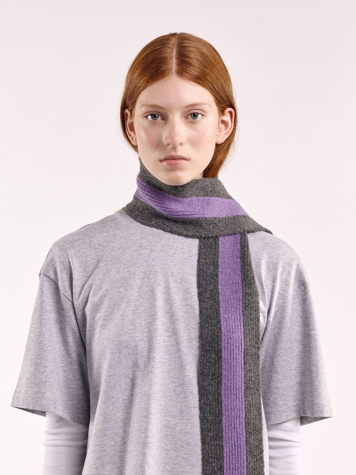 Striped Wool Pom Scarf - Grey Dark/Purple
