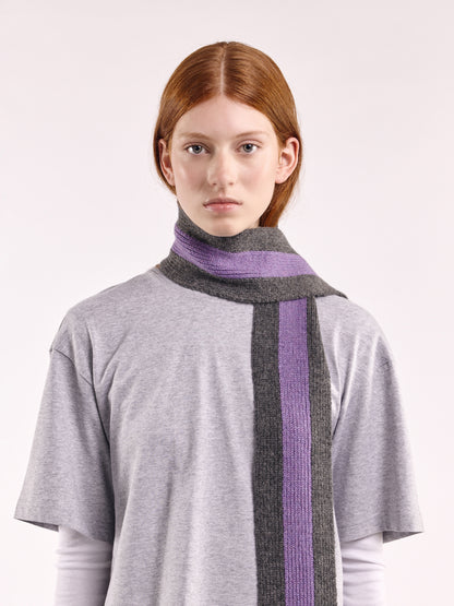 Striped Wool Pom Scarf - Grey Dark/Purple
