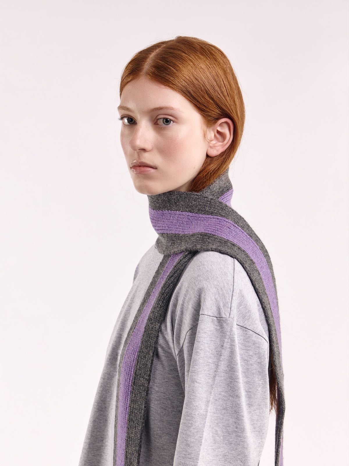 Striped Wool Pom Scarf - Grey Dark/Purple