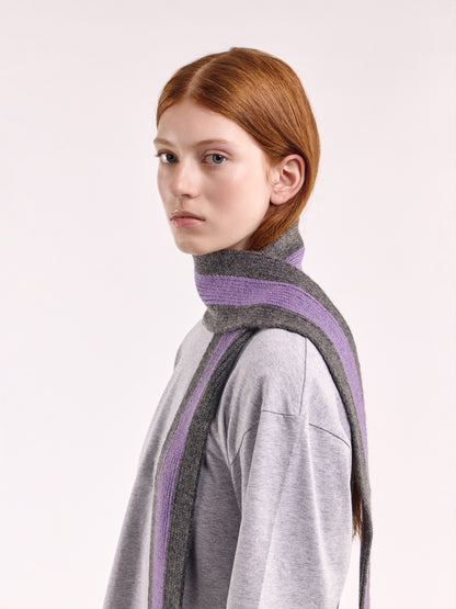 Striped Wool Pom Scarf - Grey Dark/Purple