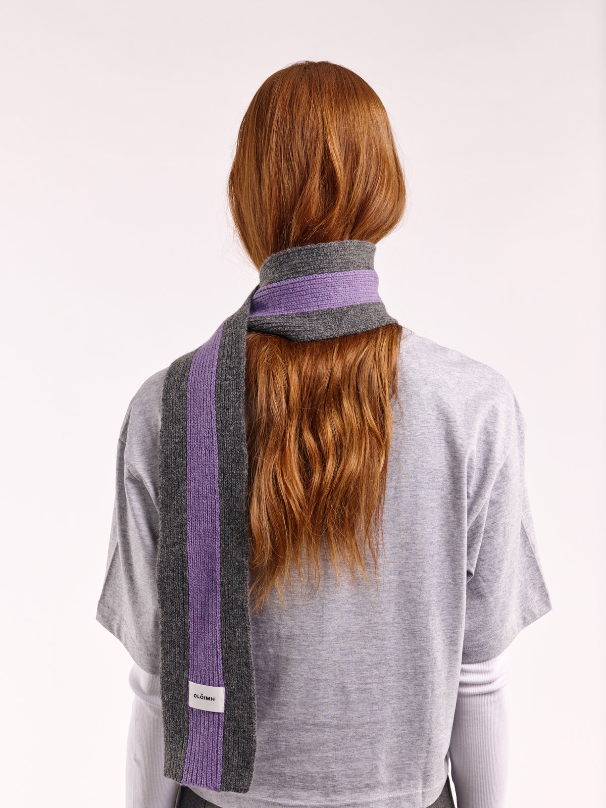 Striped Wool Pom Scarf - Grey Dark/Purple