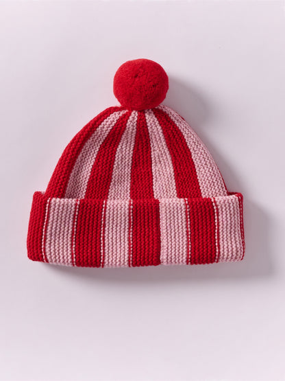 Striped Wool Pom Chunky Beanie Hat - Red/Rose