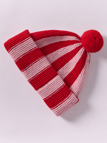 Striped Wool Pom Chunky Beanie Hat - Red/Rose