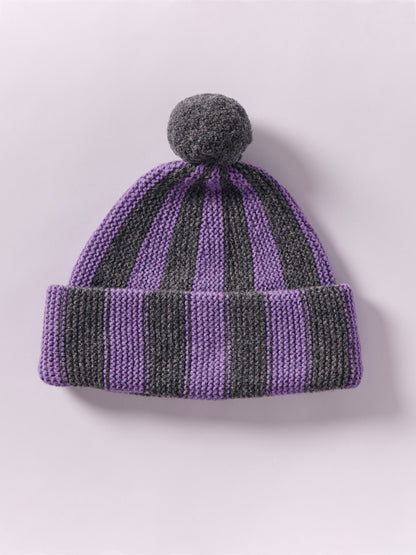 Striped Wool Pom Chunky Beanie Hat - Grey Dark/Purple