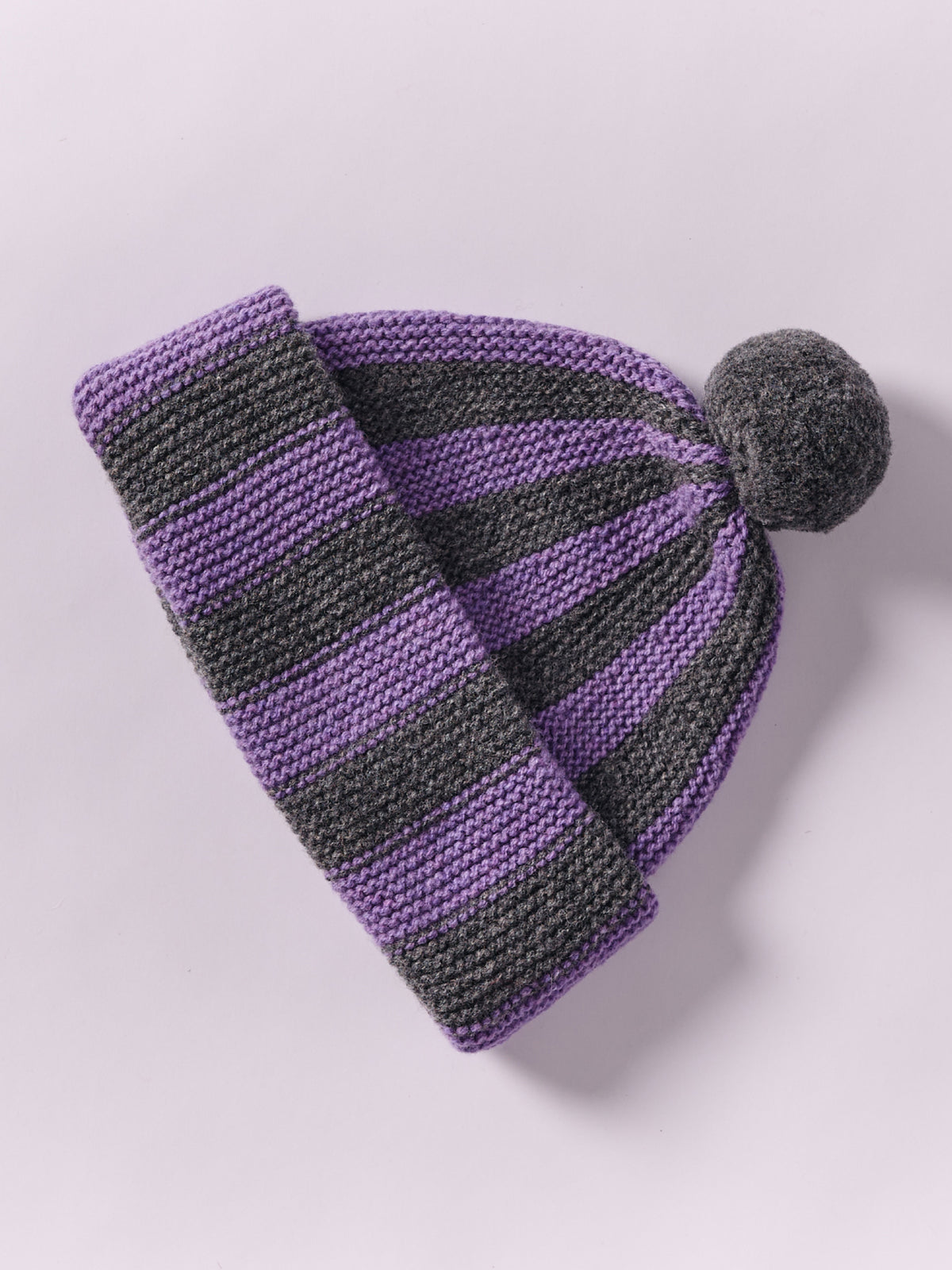 Striped Wool Pom Chunky Beanie Hat - Grey Dark/Purple