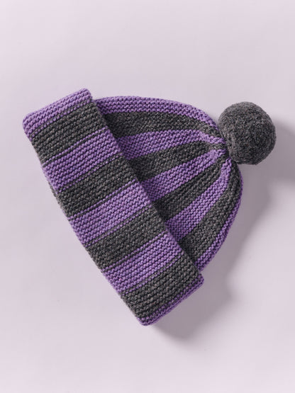 Striped Wool Pom Chunky Beanie Hat - Grey Dark/Purple