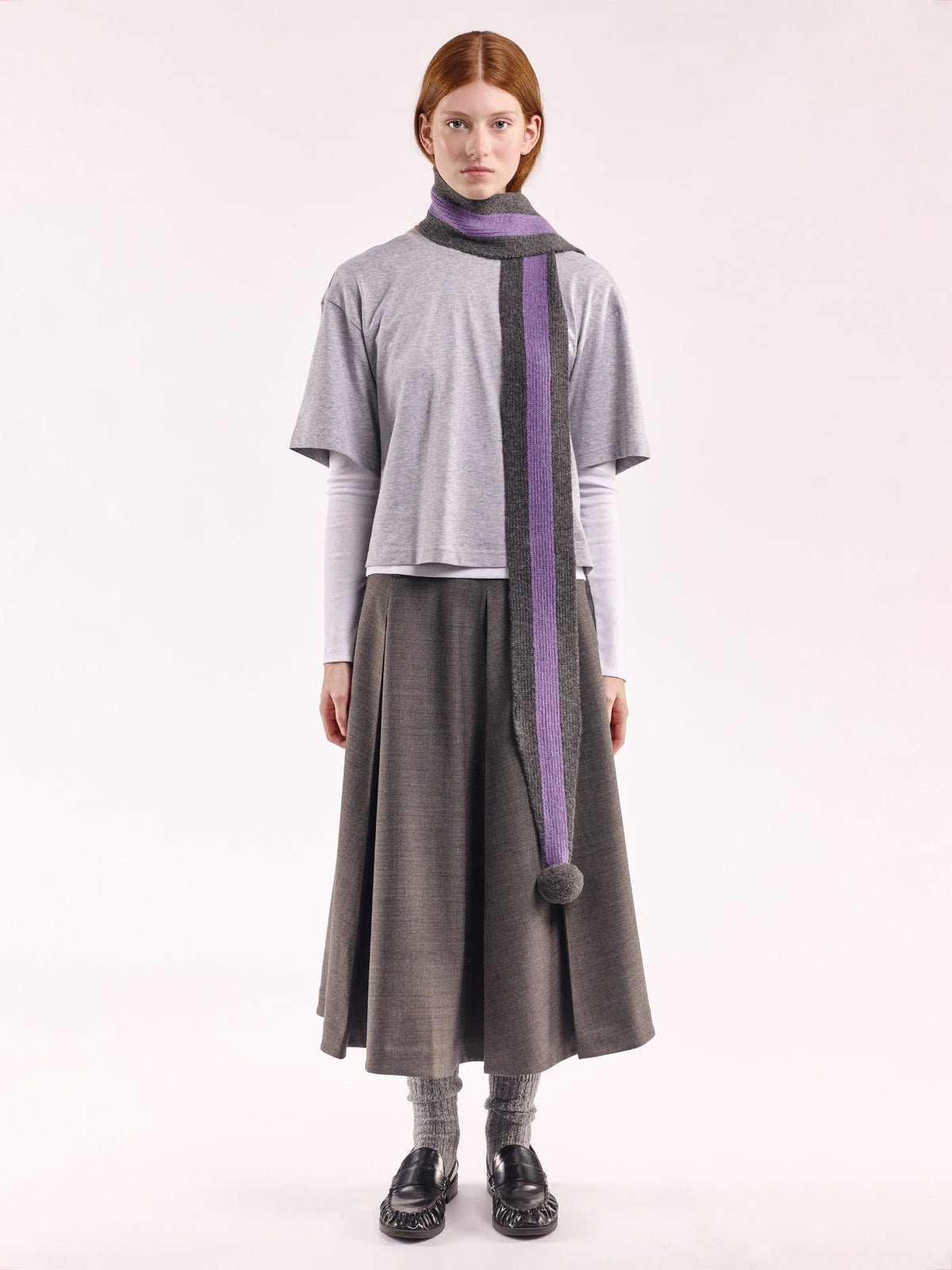 Striped Wool Pom Scarf - Grey Dark/Purple