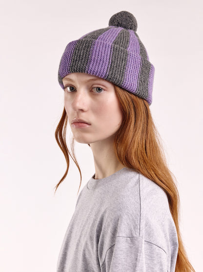 Striped Wool Pom Chunky Beanie Hat - Grey Dark/Purple