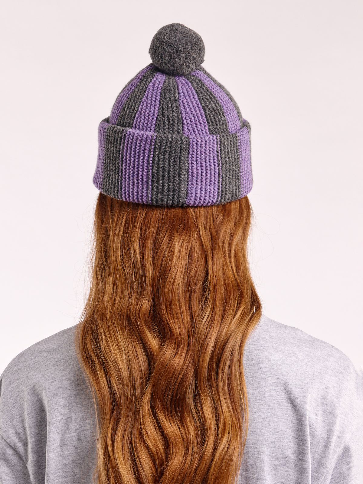 Striped Wool Pom Chunky Beanie Hat - Grey Dark/Purple
