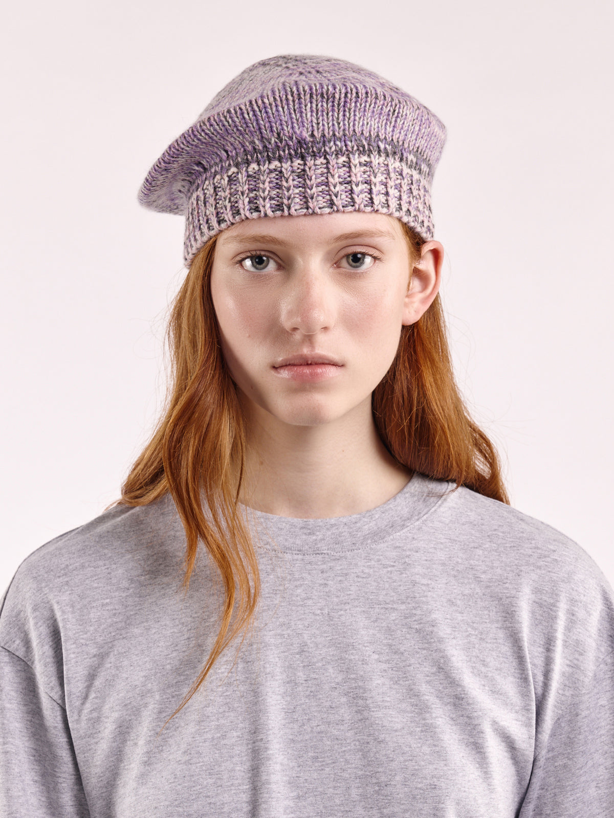 Wool Marl Chunky Beret - Grey/Purple Marl