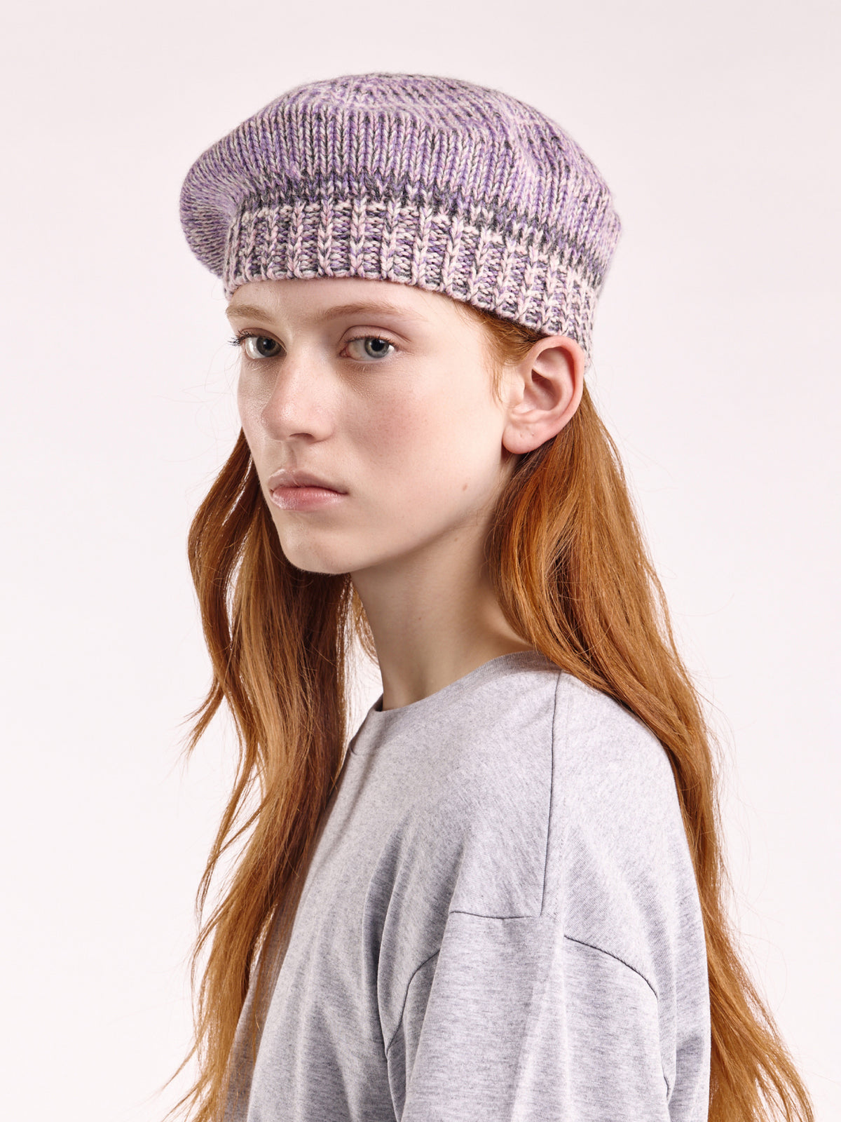 Wool Marl Chunky Beret - Grey/Purple Marl