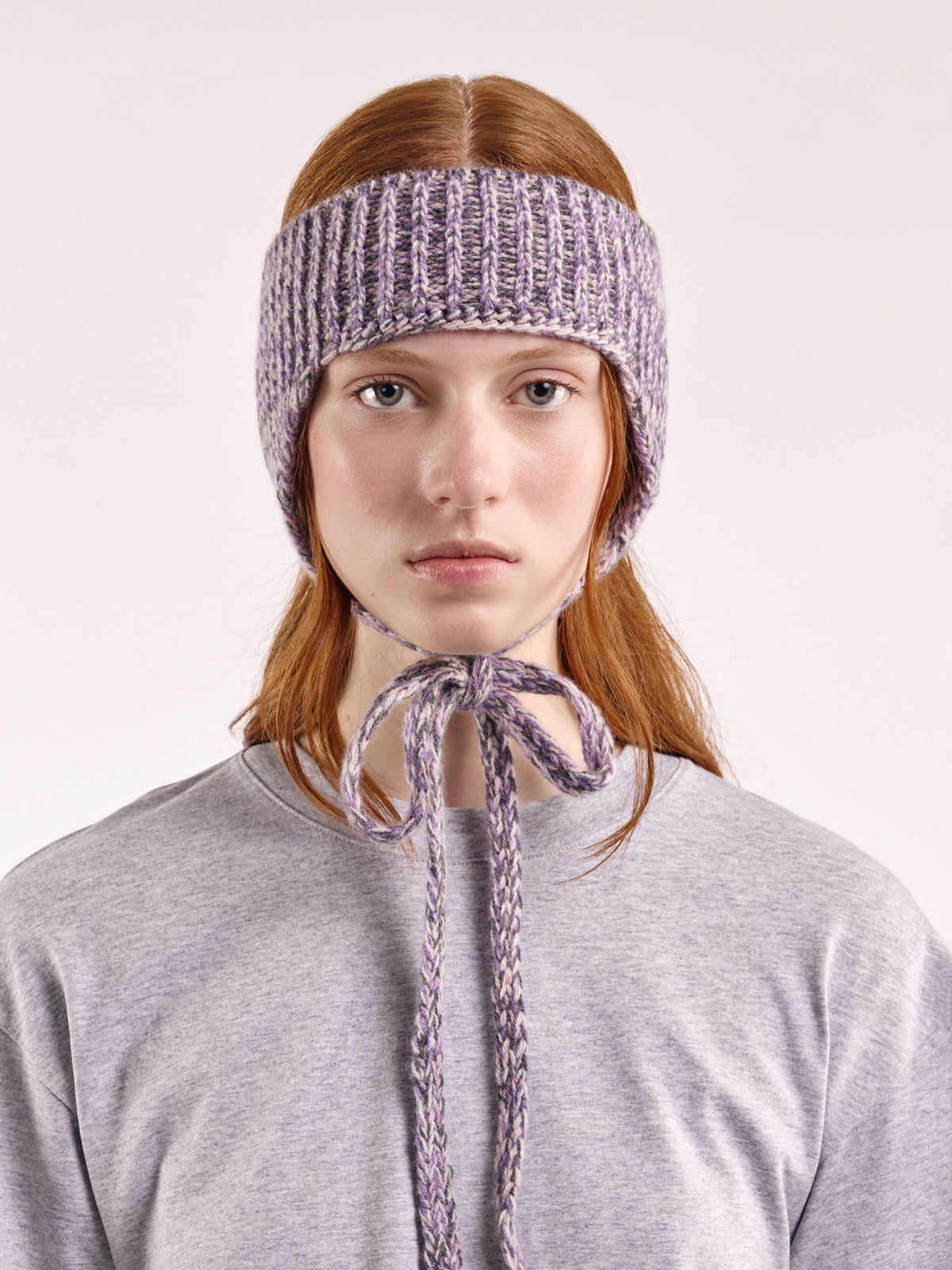 Wool Marl Ear Flap Head Band - Grey/Purple Marl